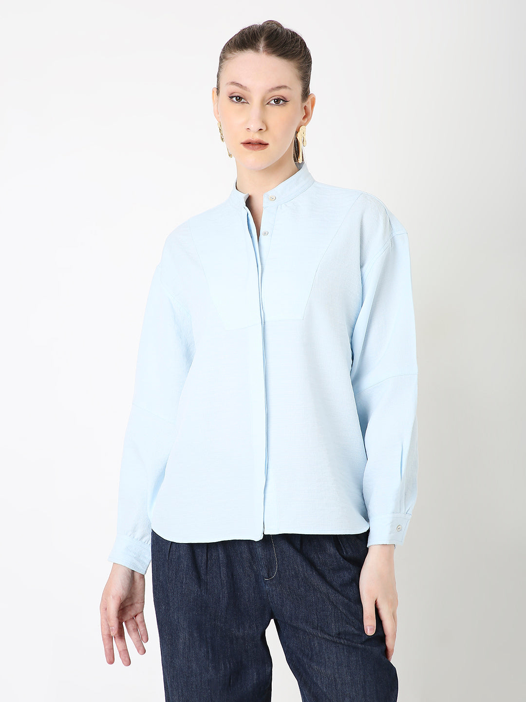 CLASSIC LIGHT BLUE MANDARIN COLLAR LONG SLEEVES SHIRT