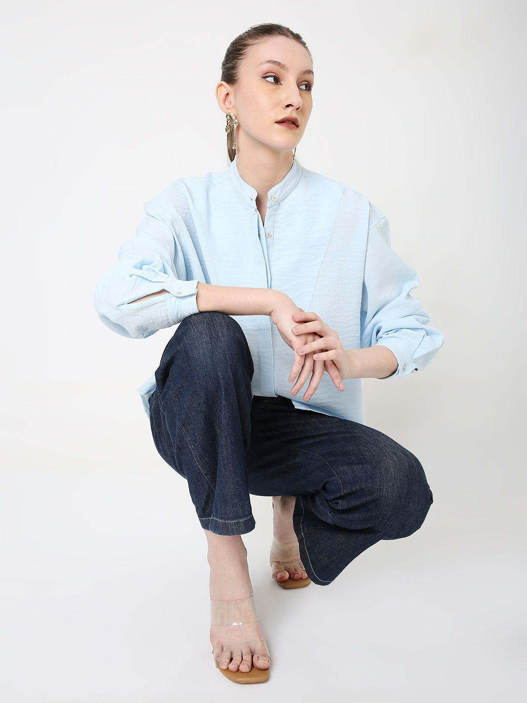 CLASSIC LIGHT BLUE MANDARIN COLLAR LONG SLEEVES SHIRT