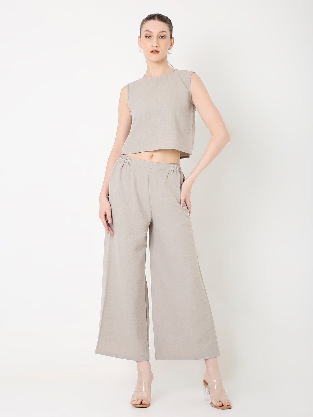 BEIGE MINIMALIST SLEEVELESS TOP AND  WIDE-LEG PANTS CO-ORDSET