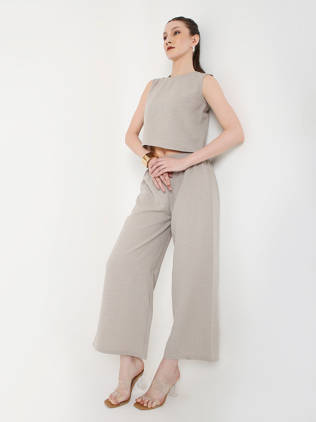 BEIGE MINIMALIST SLEEVELESS TOP AND  WIDE-LEG PANTS CO-ORDSET