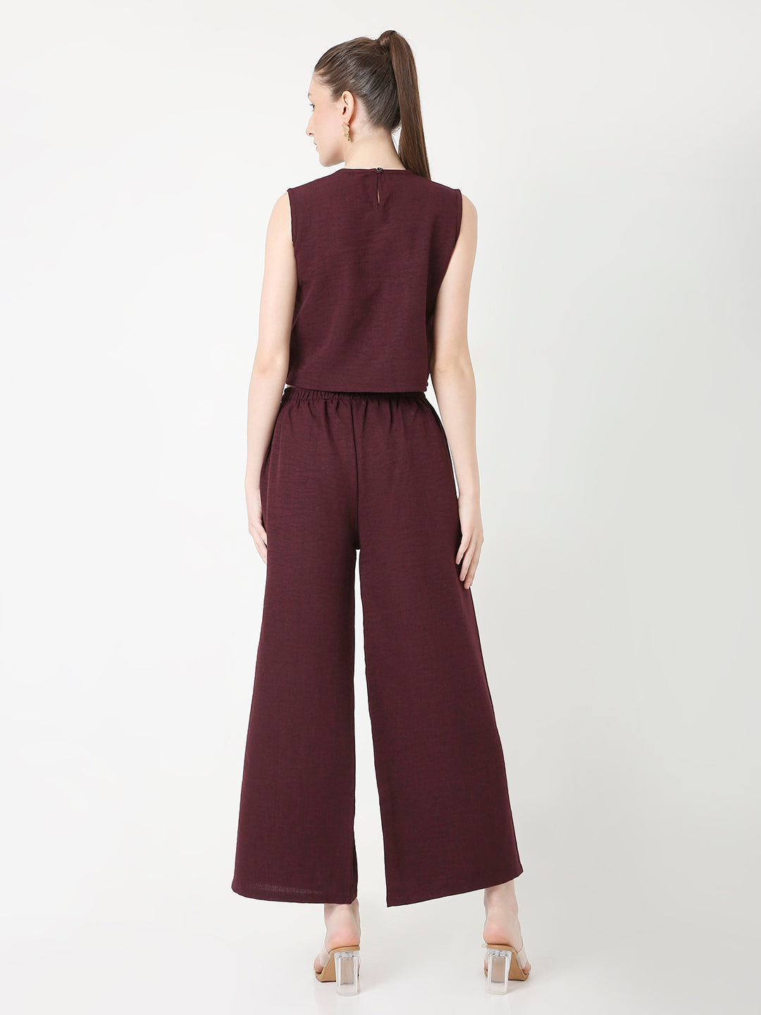 MAROON MINIMALIST SLEEVELESS TOP AND  WIDE-LEG PANTS CO-ORDSET