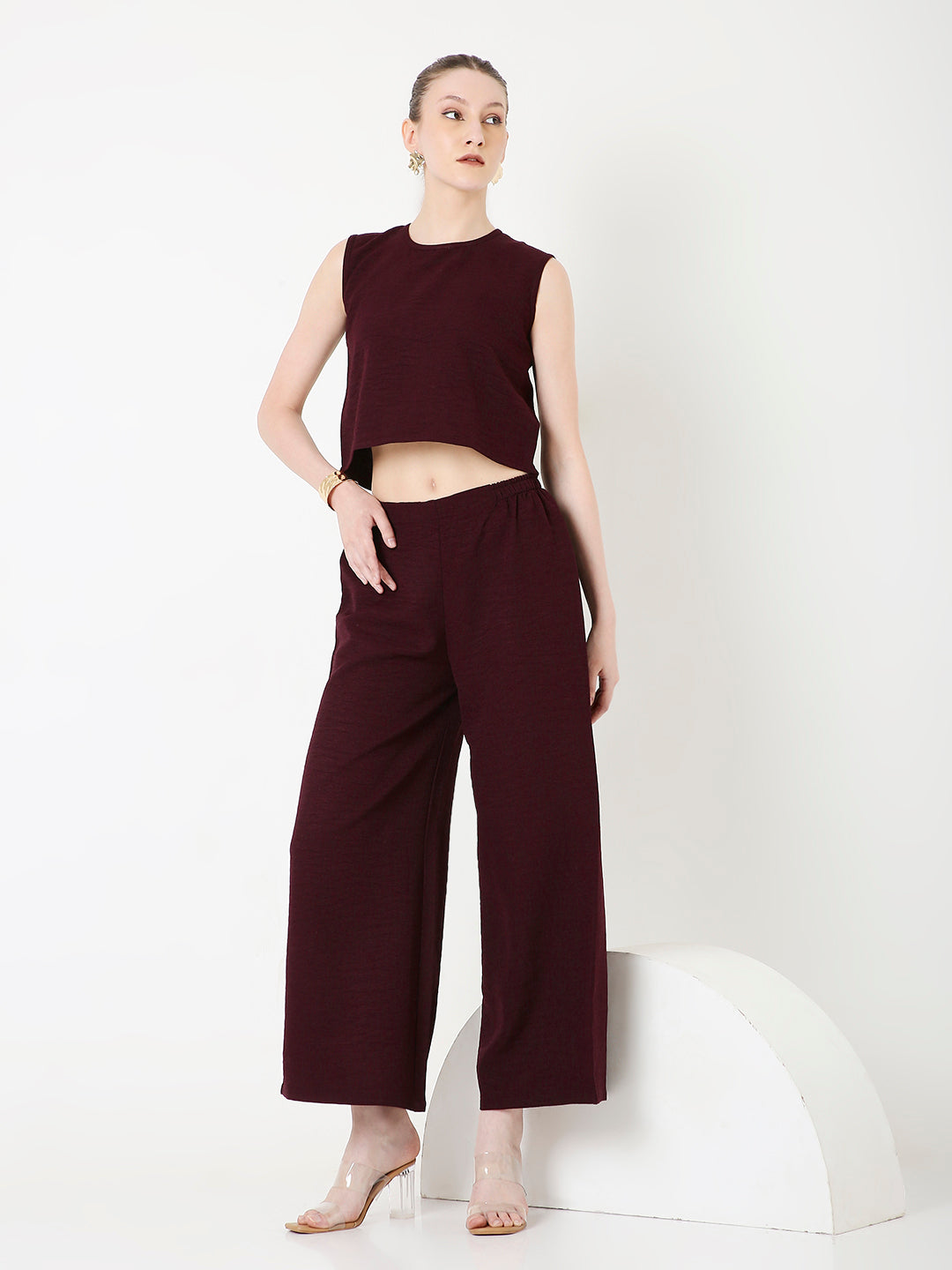 MAROON MINIMALIST SLEEVELESS TOP AND  WIDE-LEG PANTS CO-ORDSET