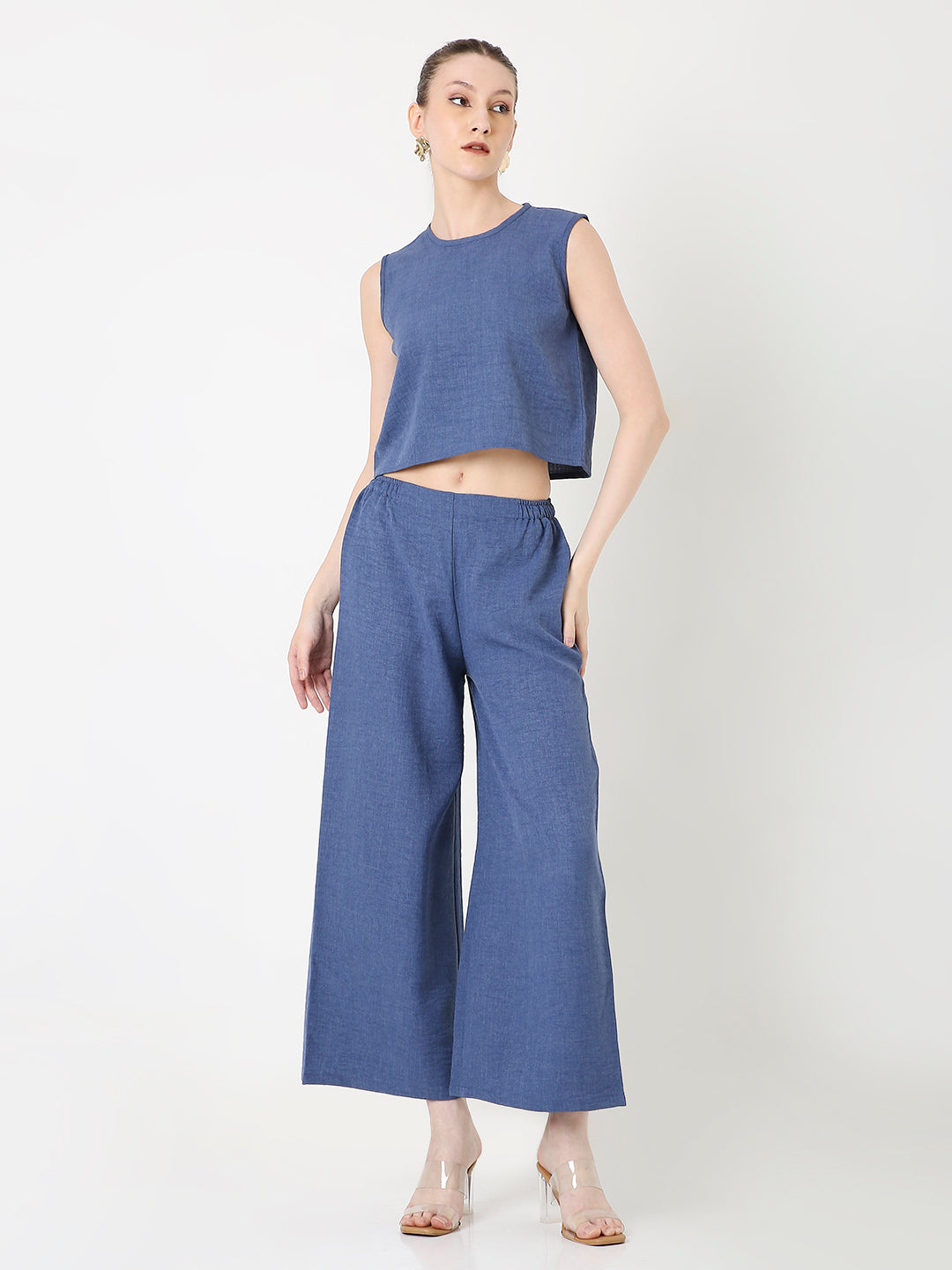 BLUE MINIMALIST SLEEVELESS TOP AND  WIDE-LEG PANTS CO-ORDSET
