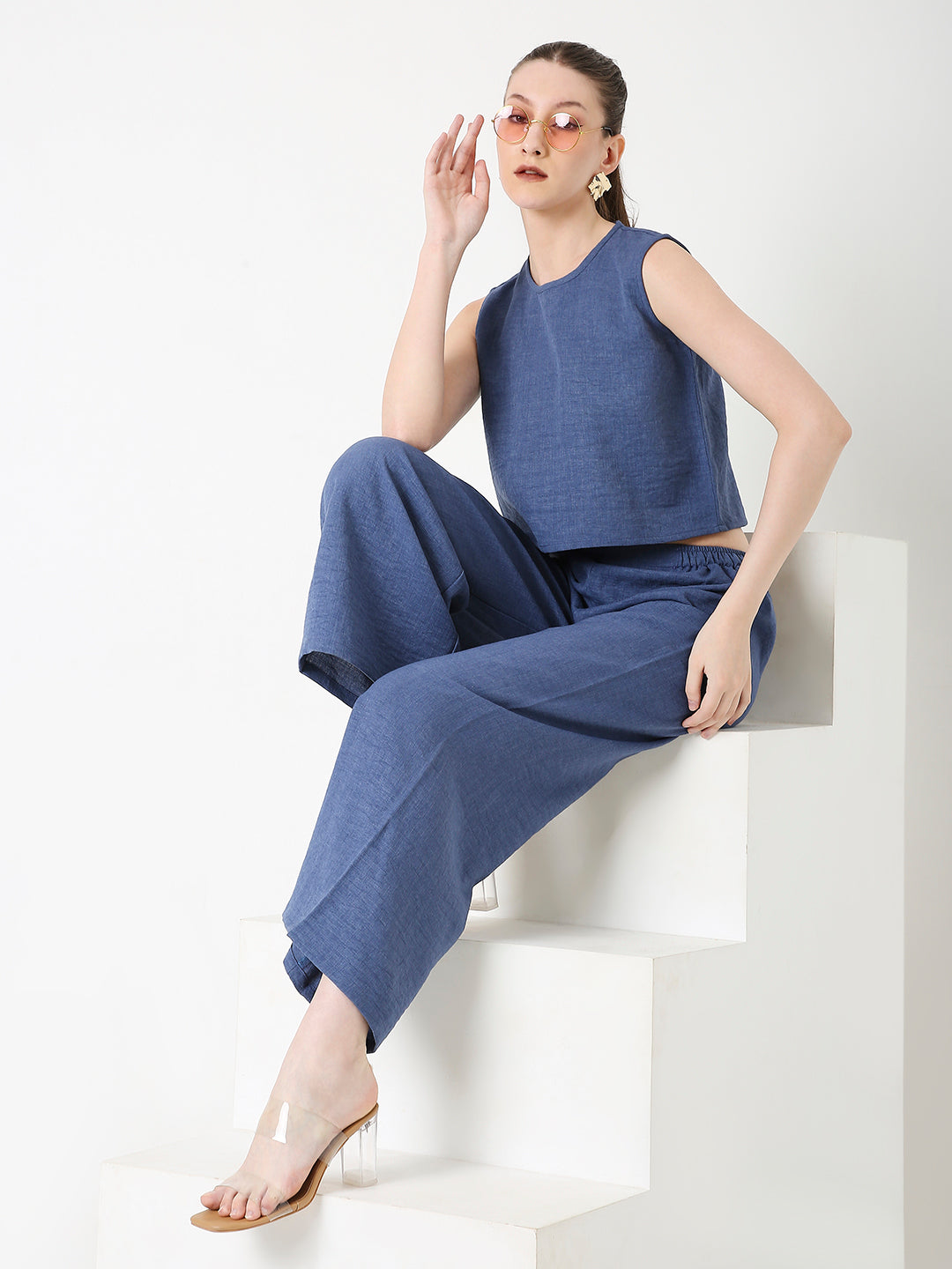 BLUE MINIMALIST SLEEVELESS TOP AND  WIDE-LEG PANTS CO-ORDSET