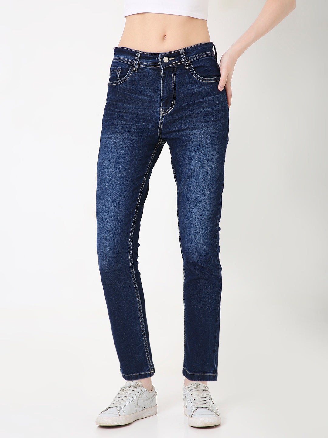 WOMEN MID DARK BLUE WASH STRAIGHT FIT DENIM JEANS