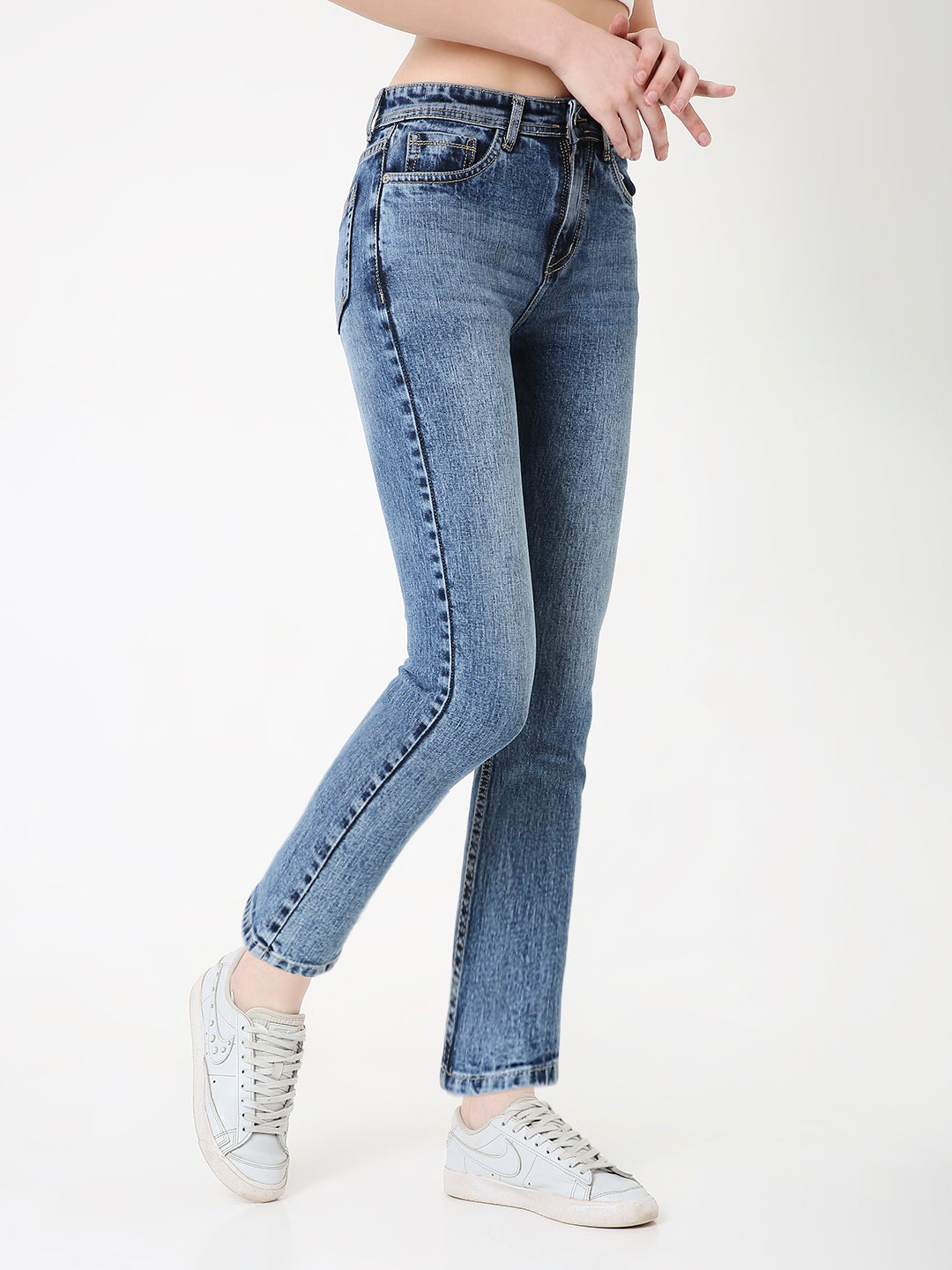 WOMEN MID BLUE WASH SLIM FIT DENIM JEANS