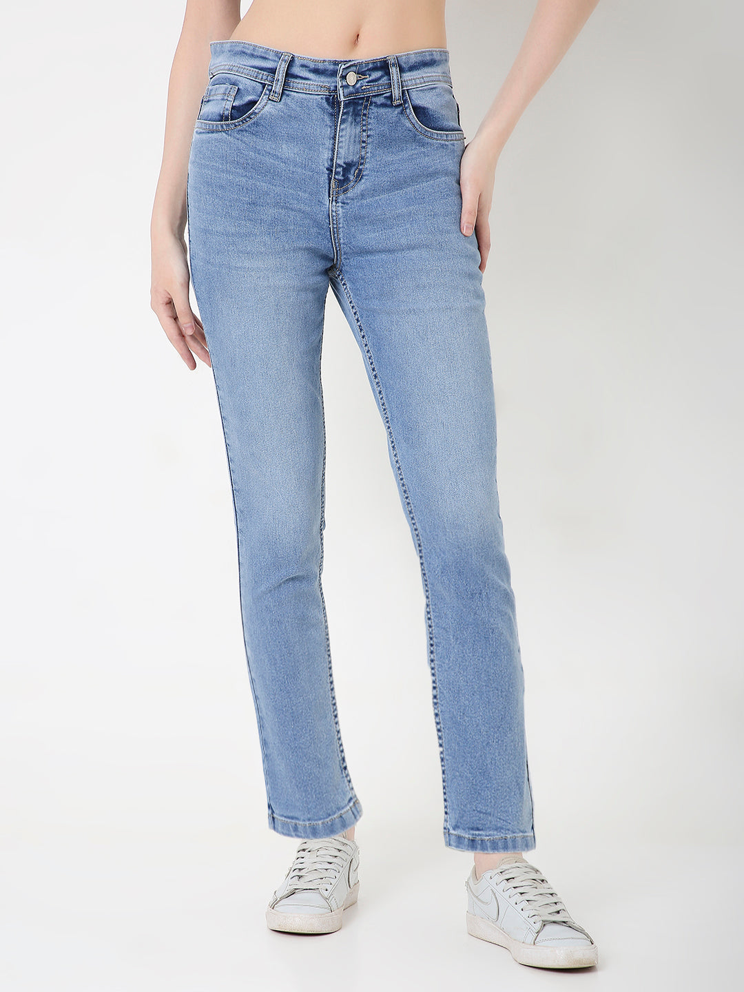 Light Blue High-Waist Straight Slim Jeans