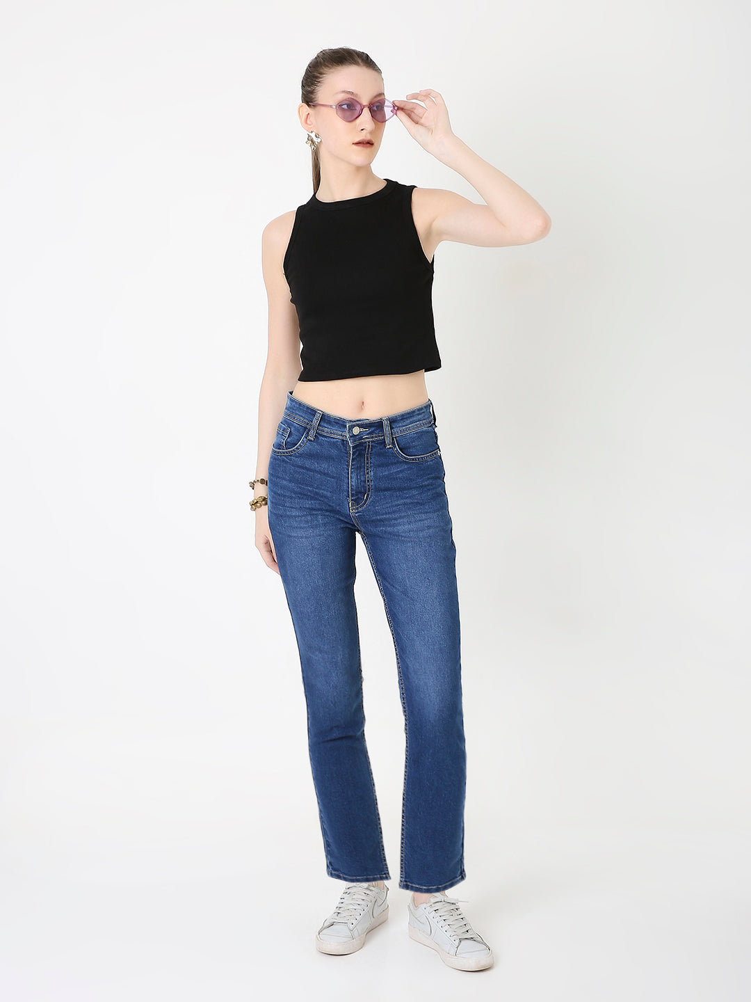 WOMEN MID BLUE WASH STRAIGHT FIT DENIM JEANS