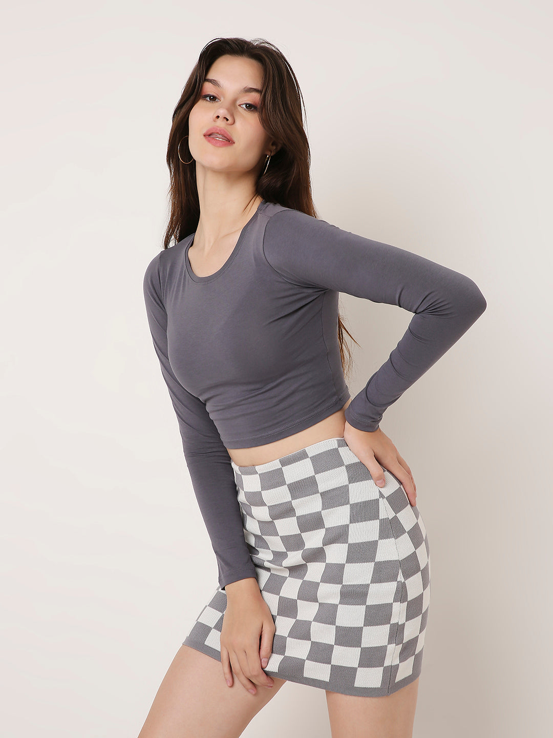 Solid Full-Sleeve Fitted Crop Top