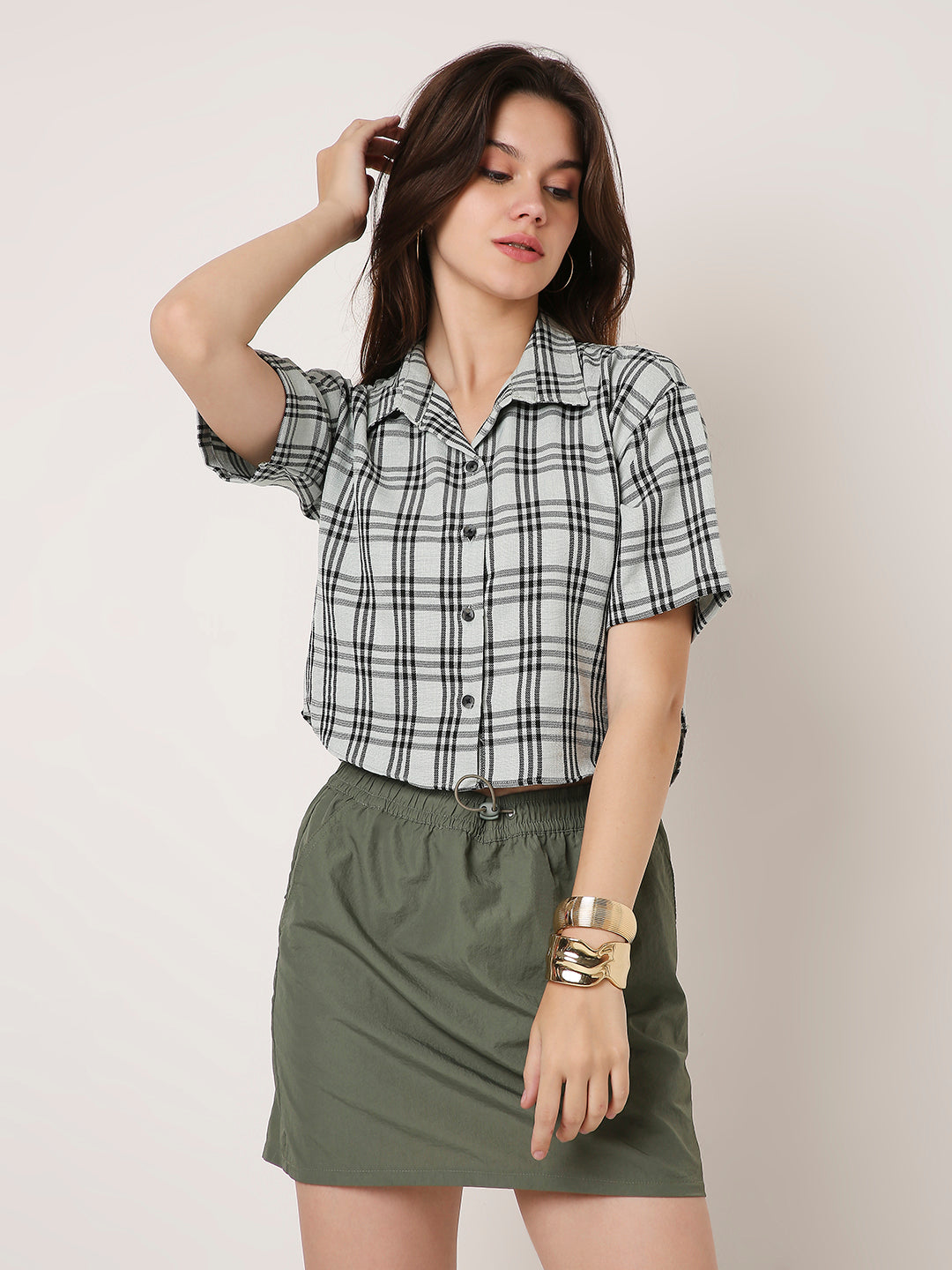 VERSATILE CHECKED CROP SHIRT