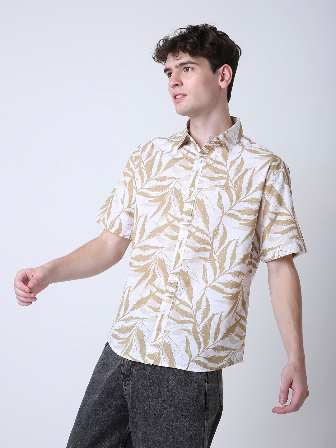 LEAF PRINTED LINEN BLEND SHORT SLEEVE CASUAL SHIRT