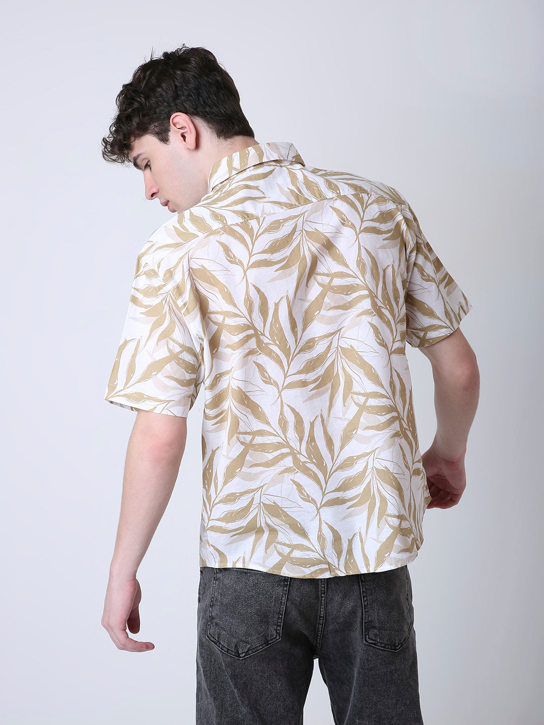 LEAF PRINTED LINEN BLEND SHORT SLEEVE CASUAL SHIRT
