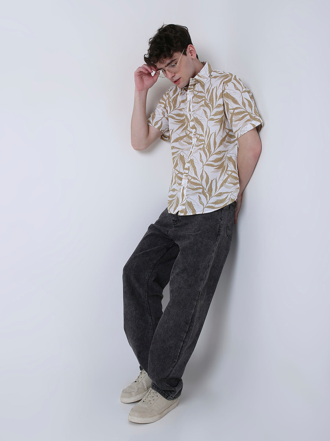 LEAF PRINTED LINEN BLEND SHORT SLEEVE CASUAL SHIRT