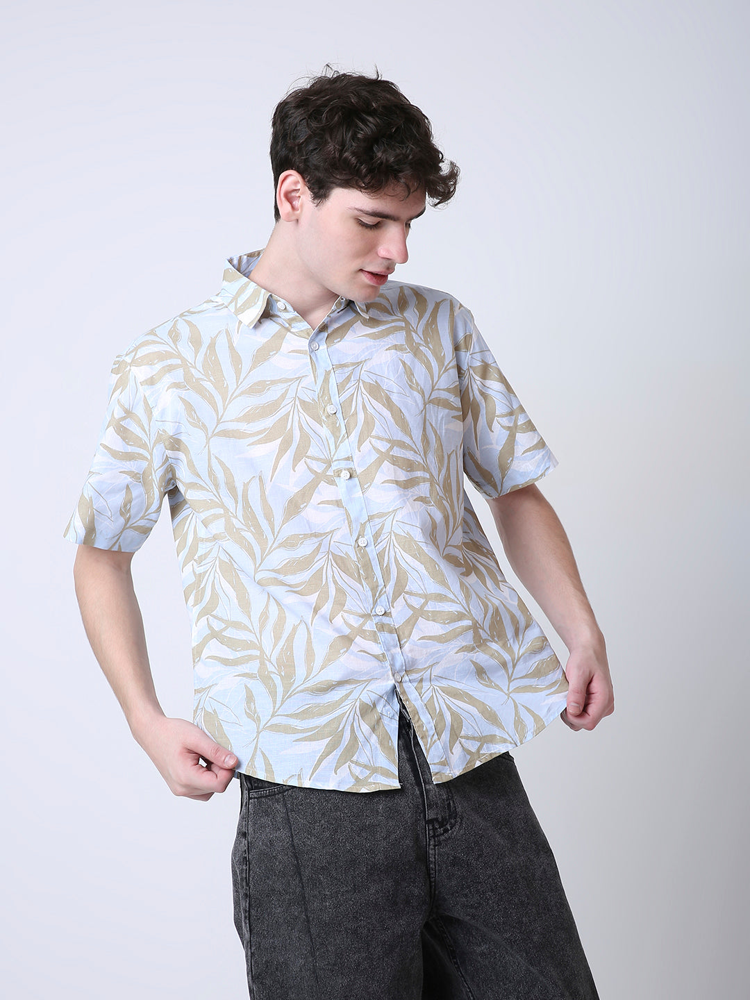 LINEN BLEND PRINTED SHORT SLEEVE CASUAL SHIRT