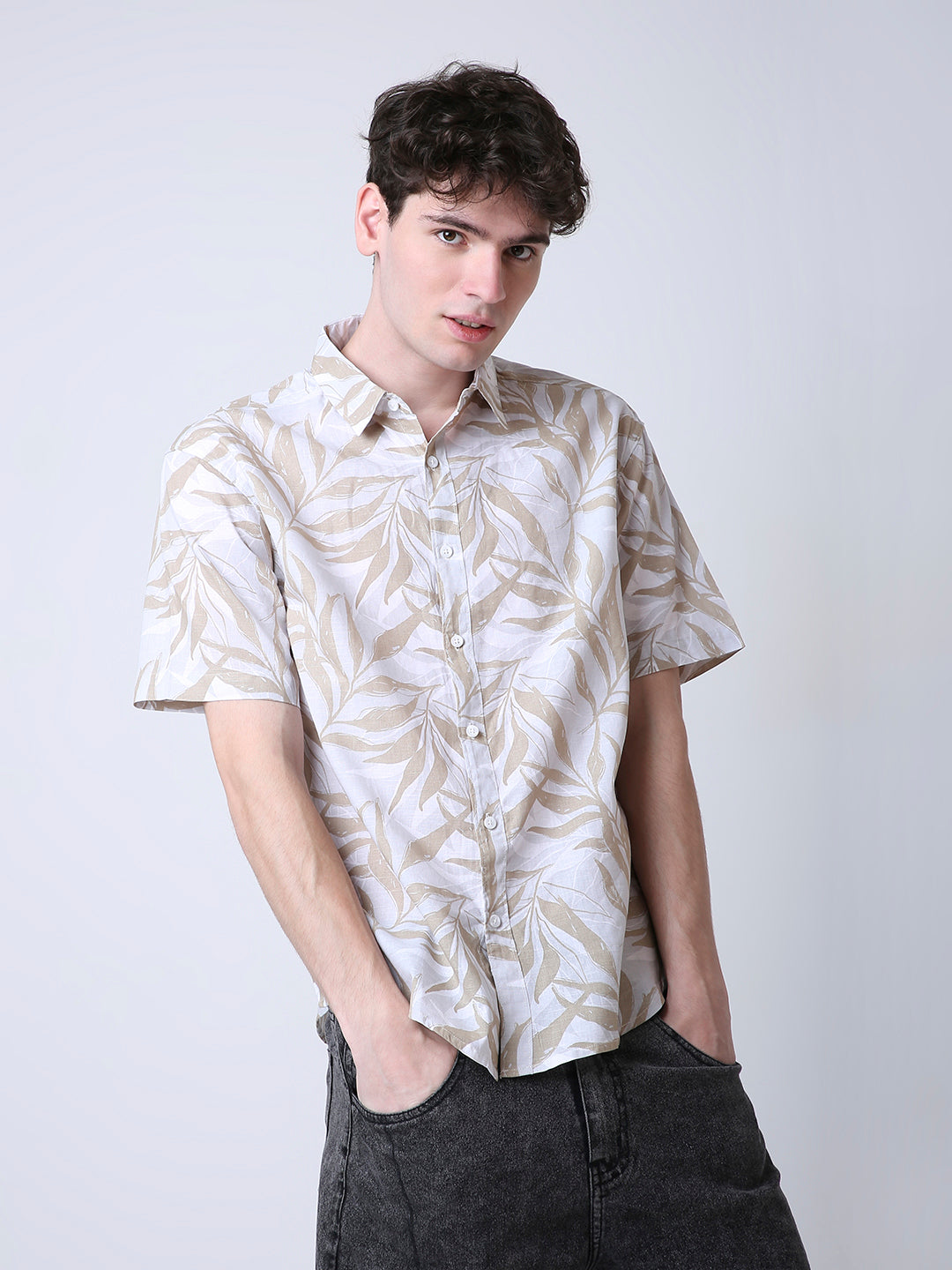 LINEN BLEND PRINTED SHORT SLEEVE CASUAL SHIRT