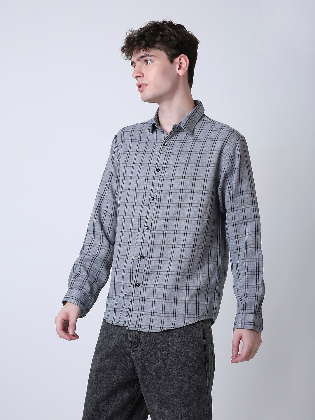 GREY CHECKED LONG SLEEVE CASUAL SHIRT