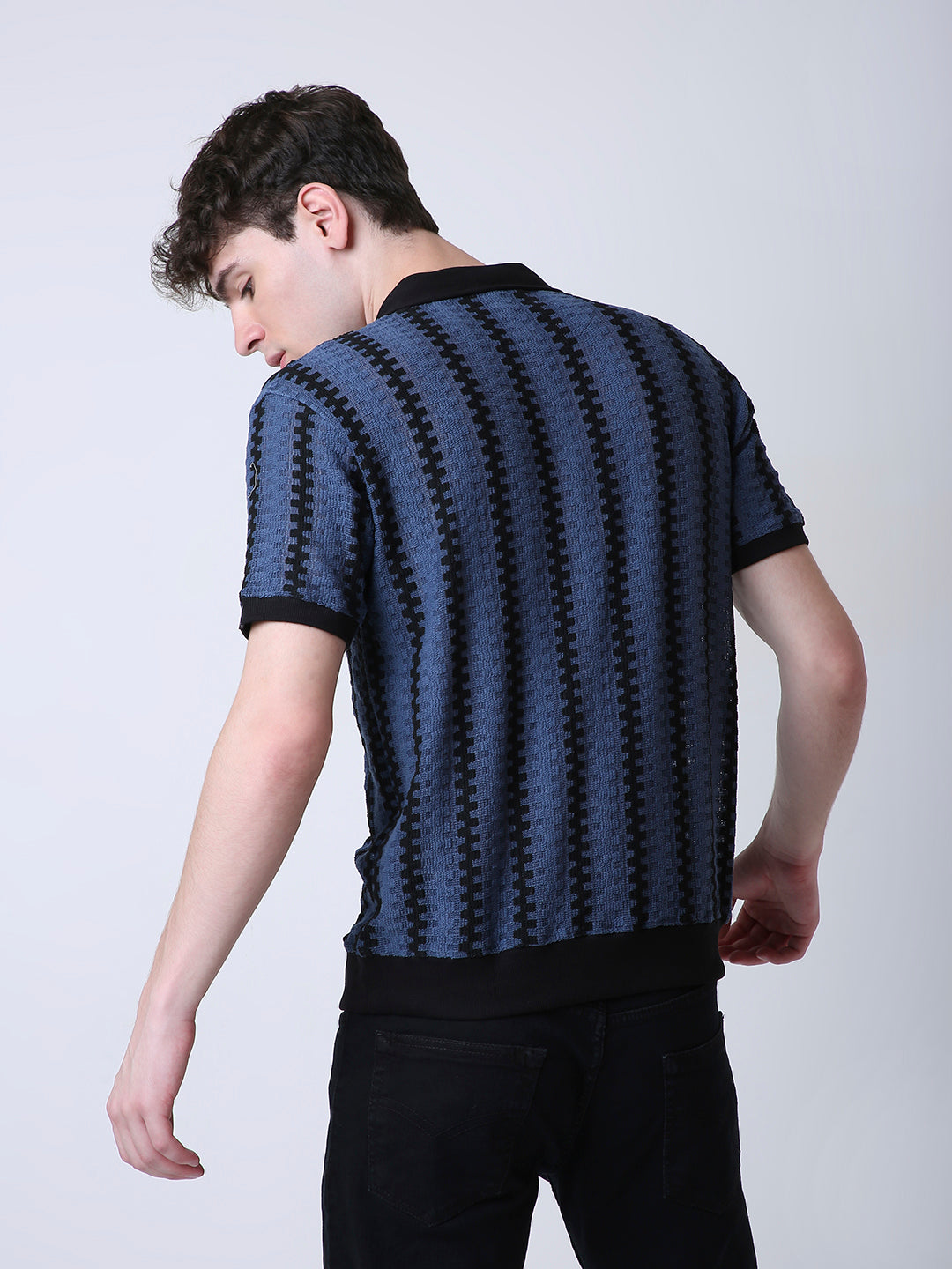 NAVY & BLACK TEXTURED POLO COLLAR KNIT T-SHIRT