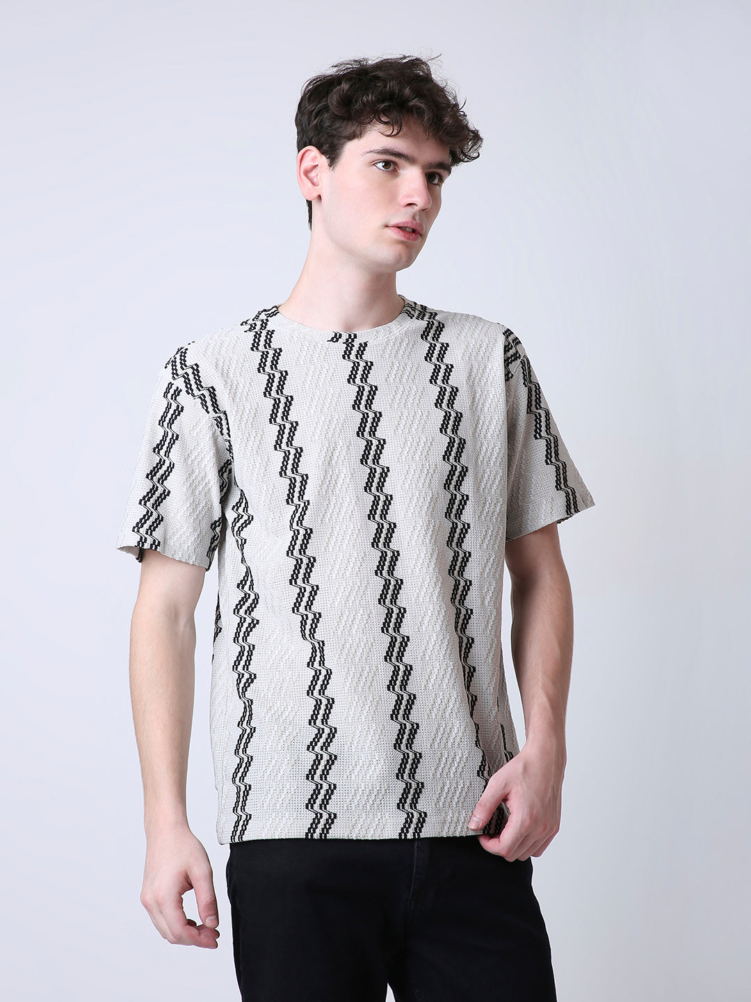 LIGHT GREY TEXTURED ZIGZAG STRIPE T-SHIRT