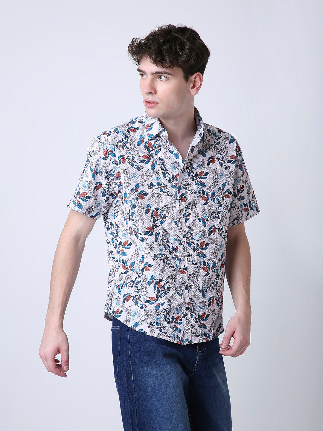 FLORAL PRINTED TEXTURED SHORT SLEEVE SHIRT
