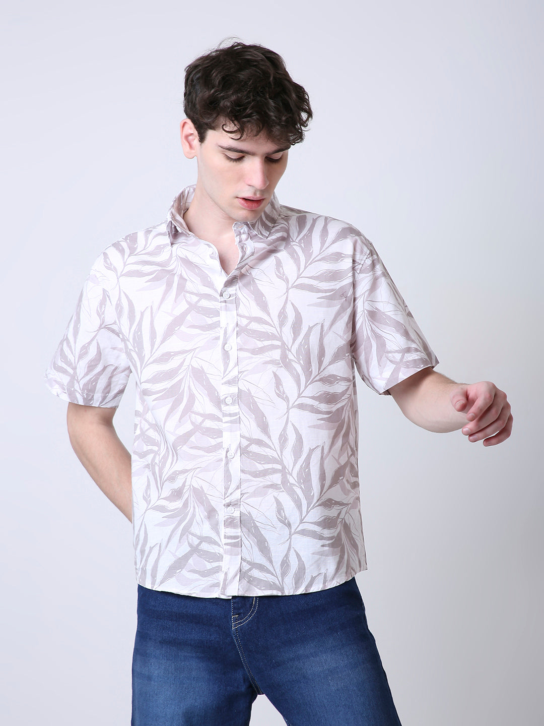LEAF PRINTED LINEN BLEND SHORT SLEEVE CASUAL SHIRT