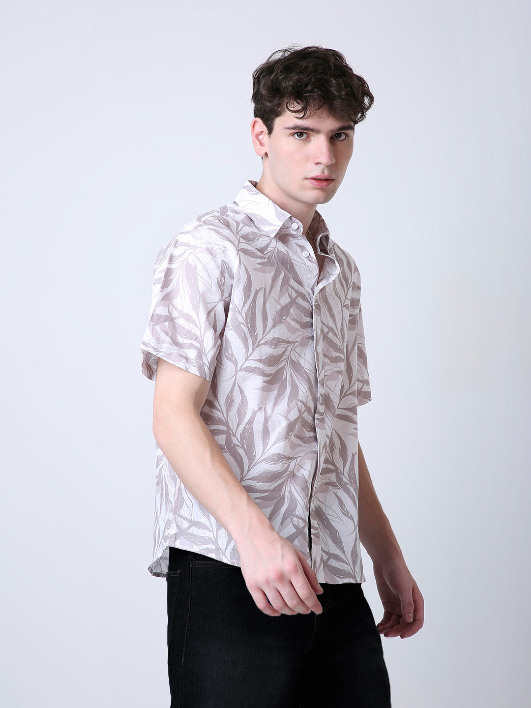 GRAY LEAF PRINTED LINEN SHIRT