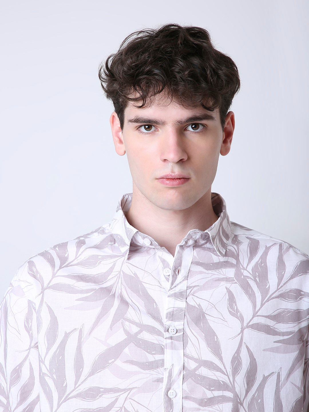 LEAF PRINTED LINEN BLEND SHORT SLEEVE CASUAL SHIRT