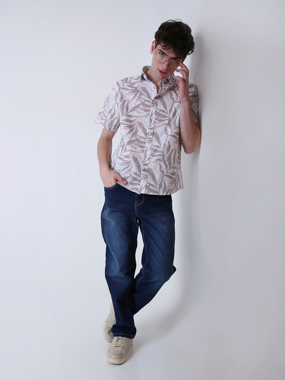 LEAF PRINTED LINEN BLEND SHORT SLEEVE CASUAL SHIRT