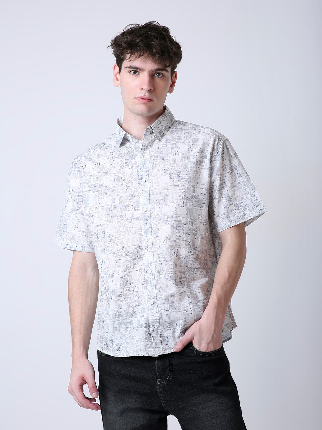 GRAY PRINTED LINEN CASUAL SHIRT
