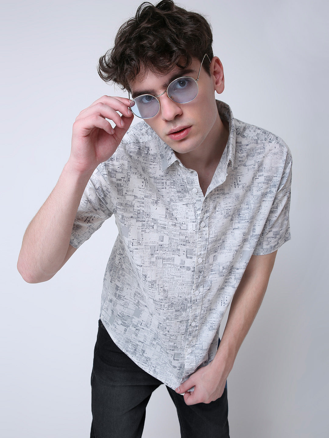 GRAY PRINTED LINEN CASUAL SHIRT