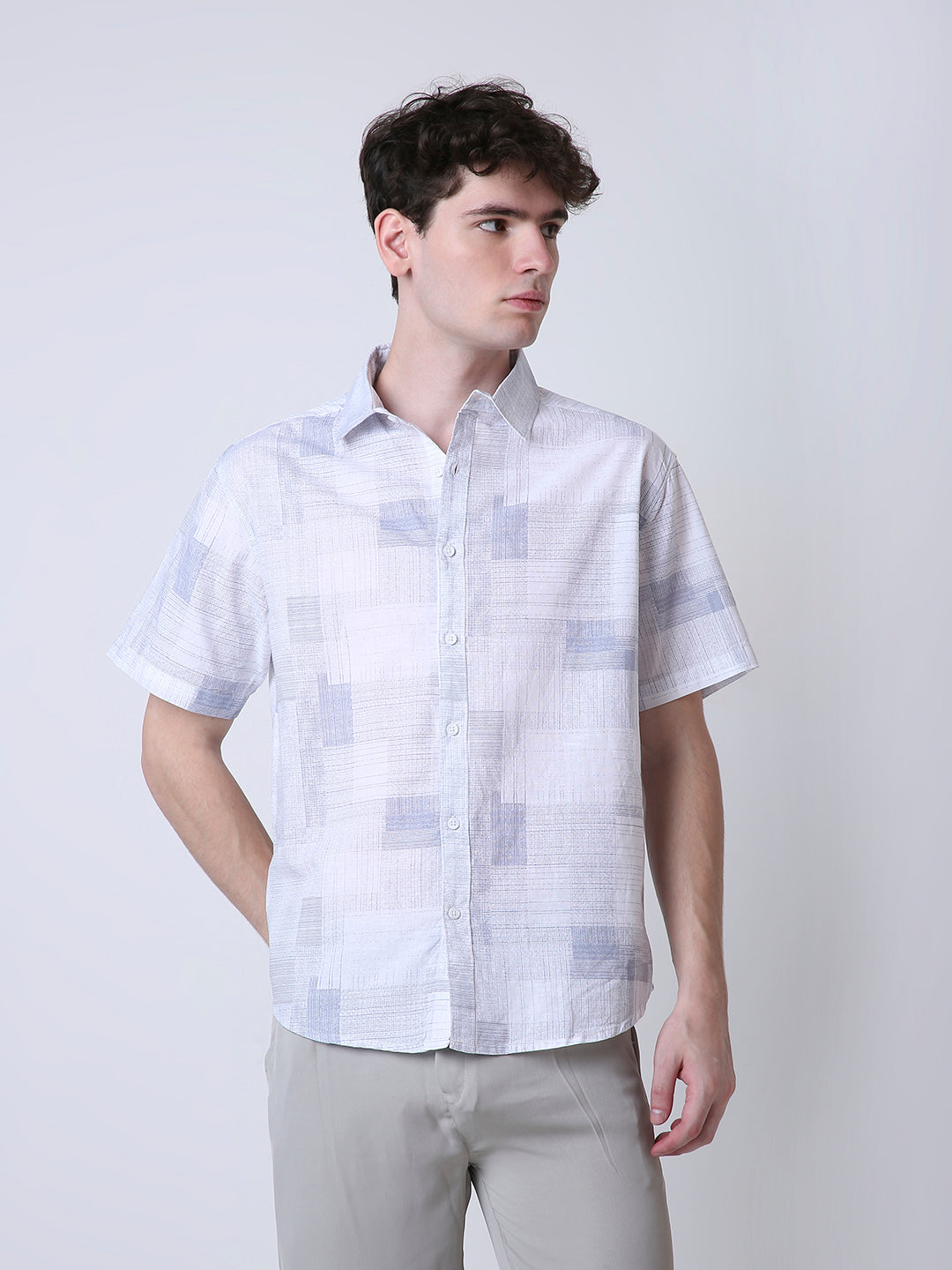 ABSTRACT PRINTED LINEN BLEND SHORT SLEEVE CASUAL SHIRT