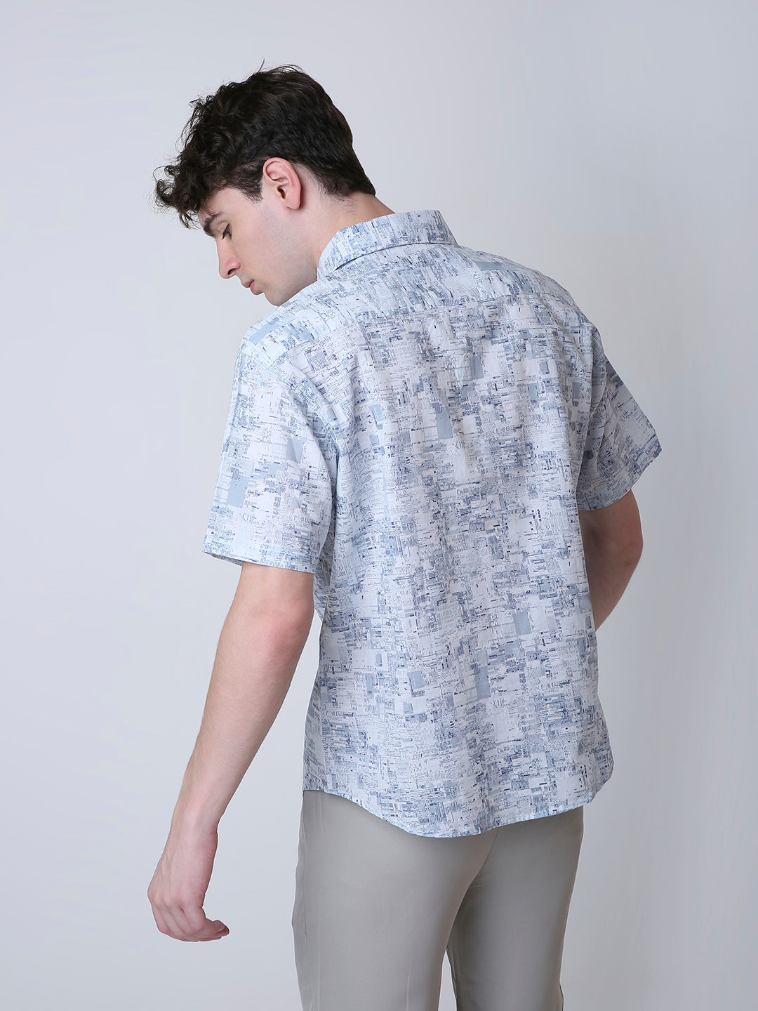 ABSTRACT PRINTED LINEN BLEND SHORT SLEEVE CASUAL SHIRT