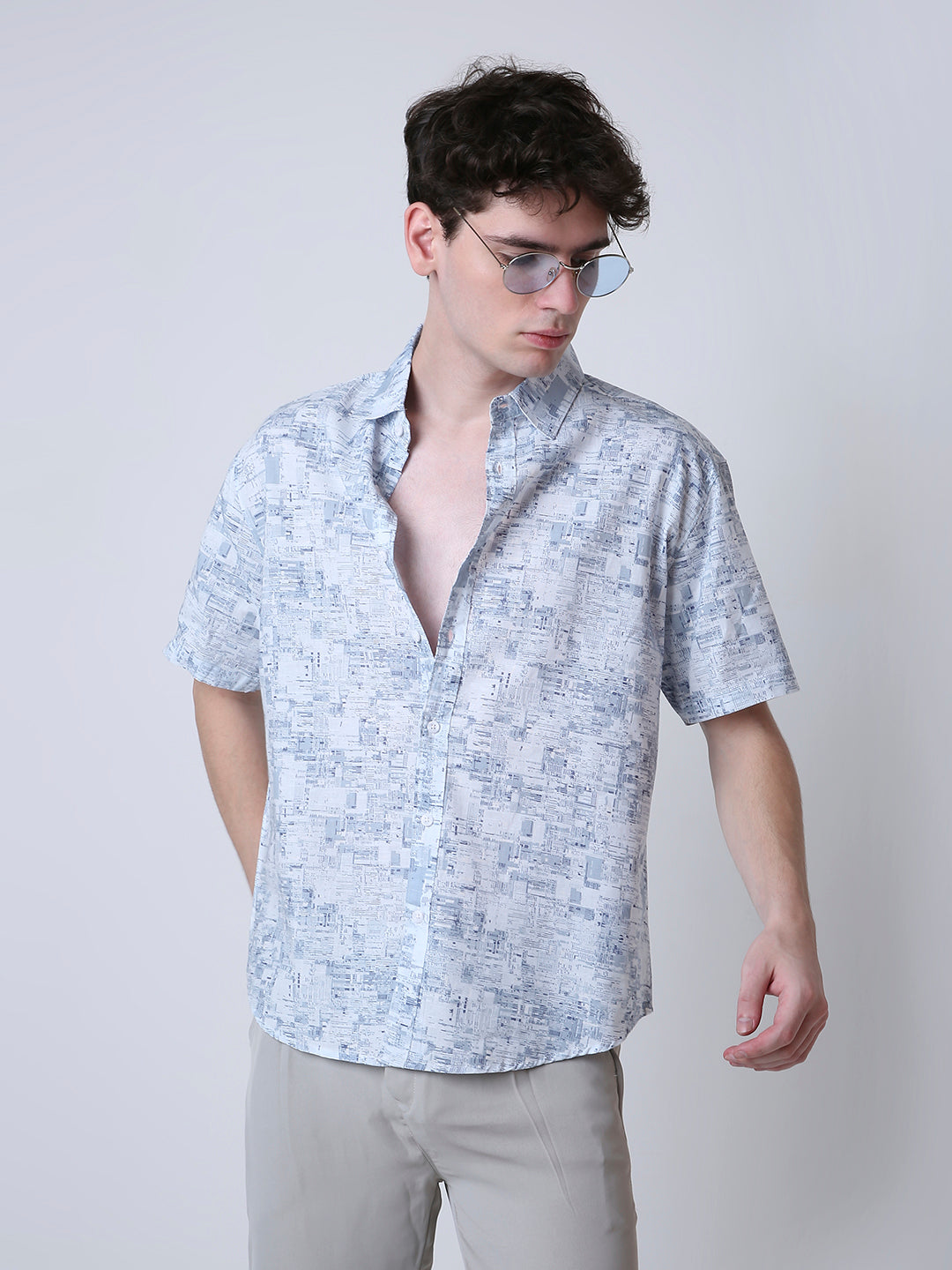 ABSTRACT PRINTED LINEN BLEND SHORT SLEEVE CASUAL SHIRT