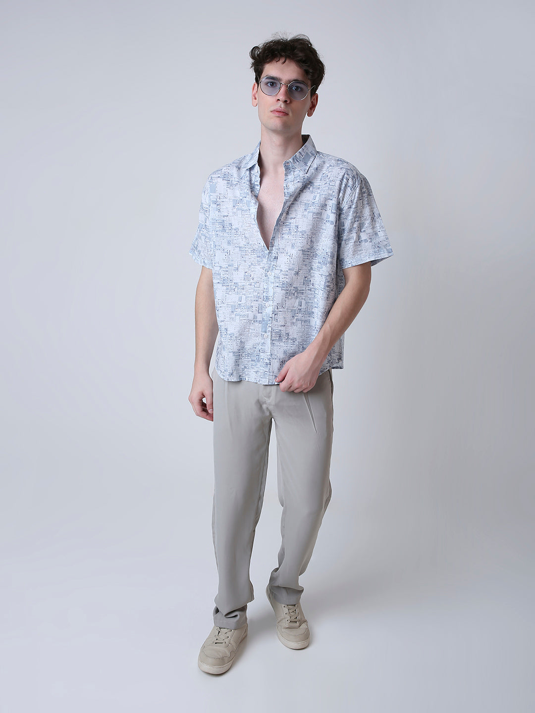ABSTRACT PRINTED LINEN BLEND SHORT SLEEVE CASUAL SHIRT