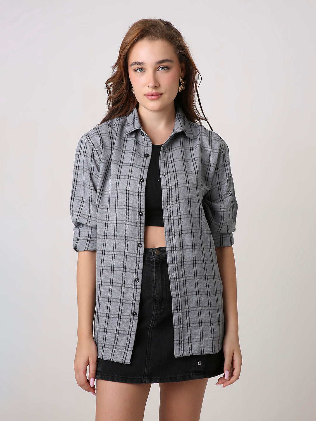 Grey Checked Oversized Casual Shirt