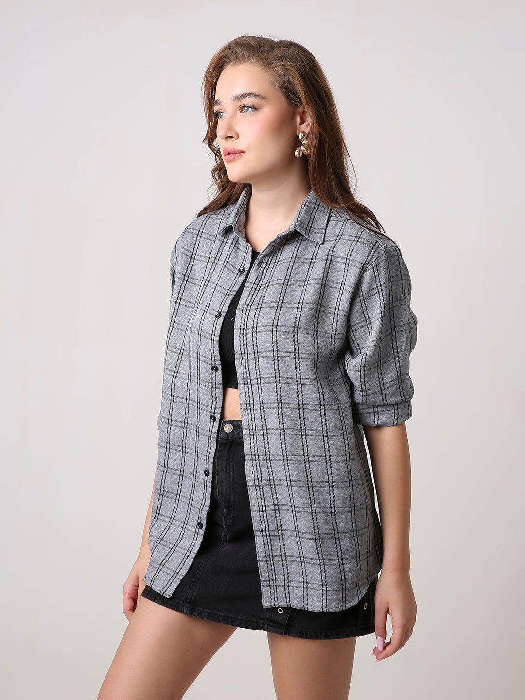 Grey Checked Oversized Casual Shirt
