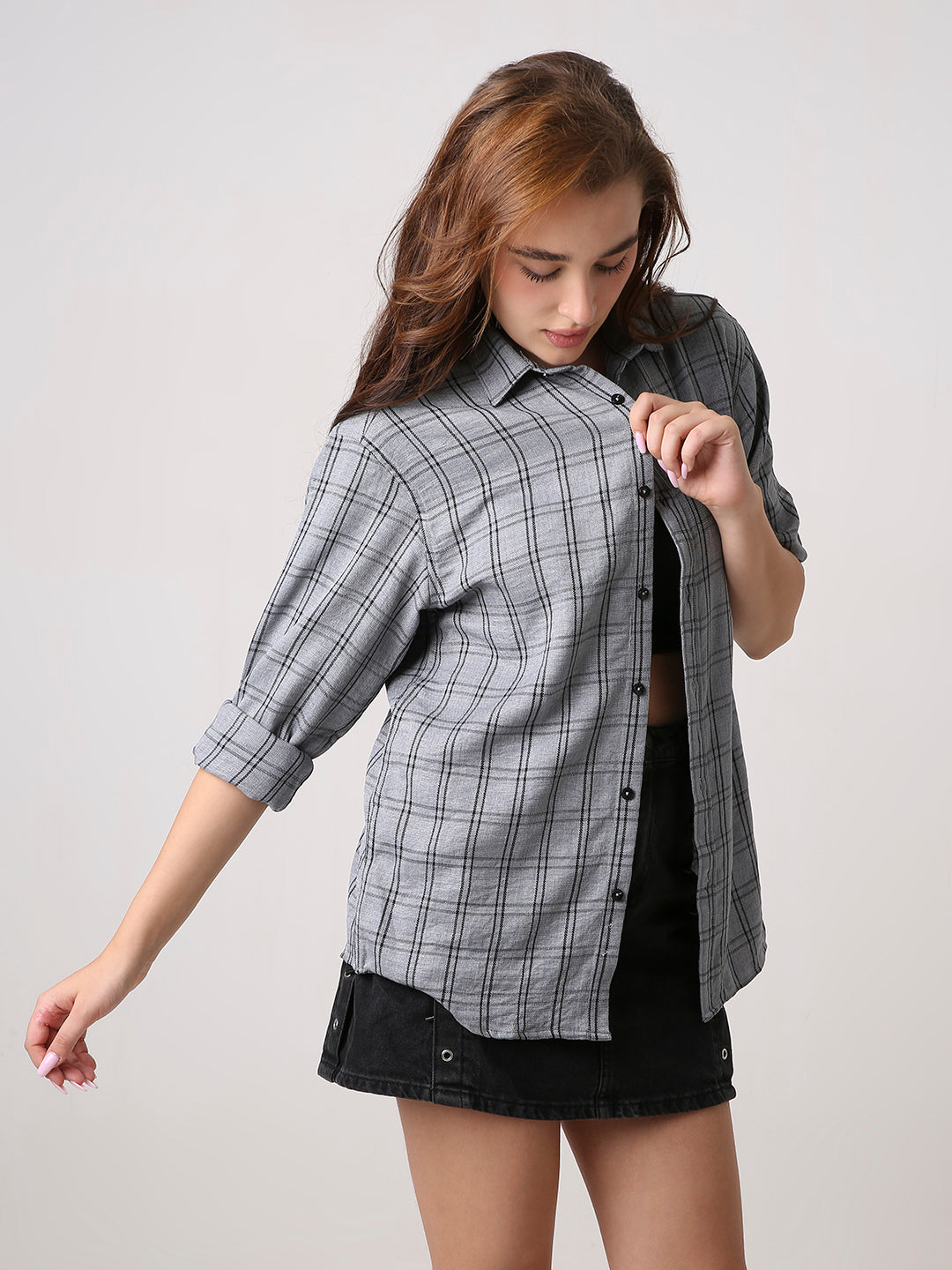 Grey Checked Oversized Casual Shirt
