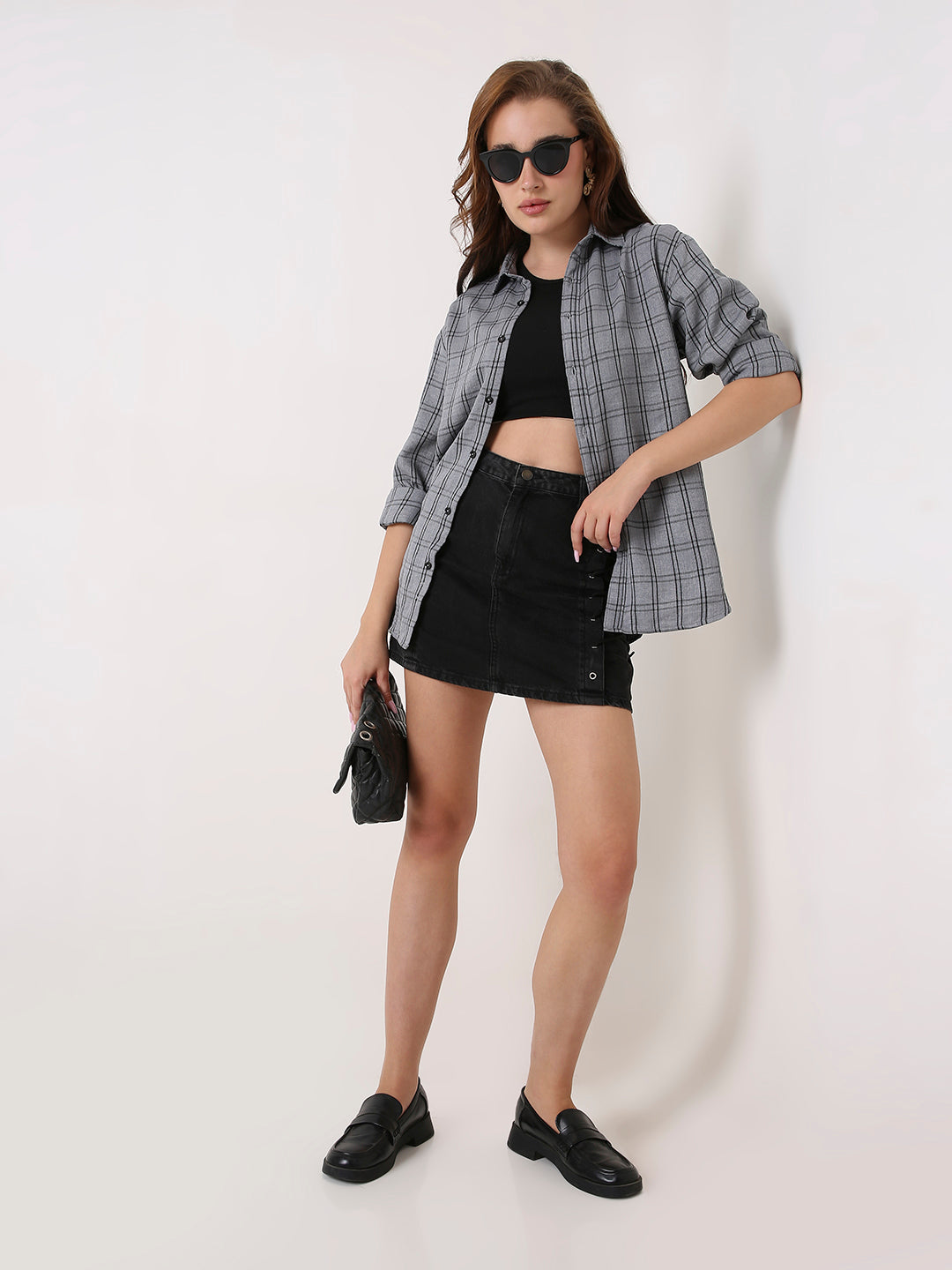 Grey Checked Oversized Casual Shirt