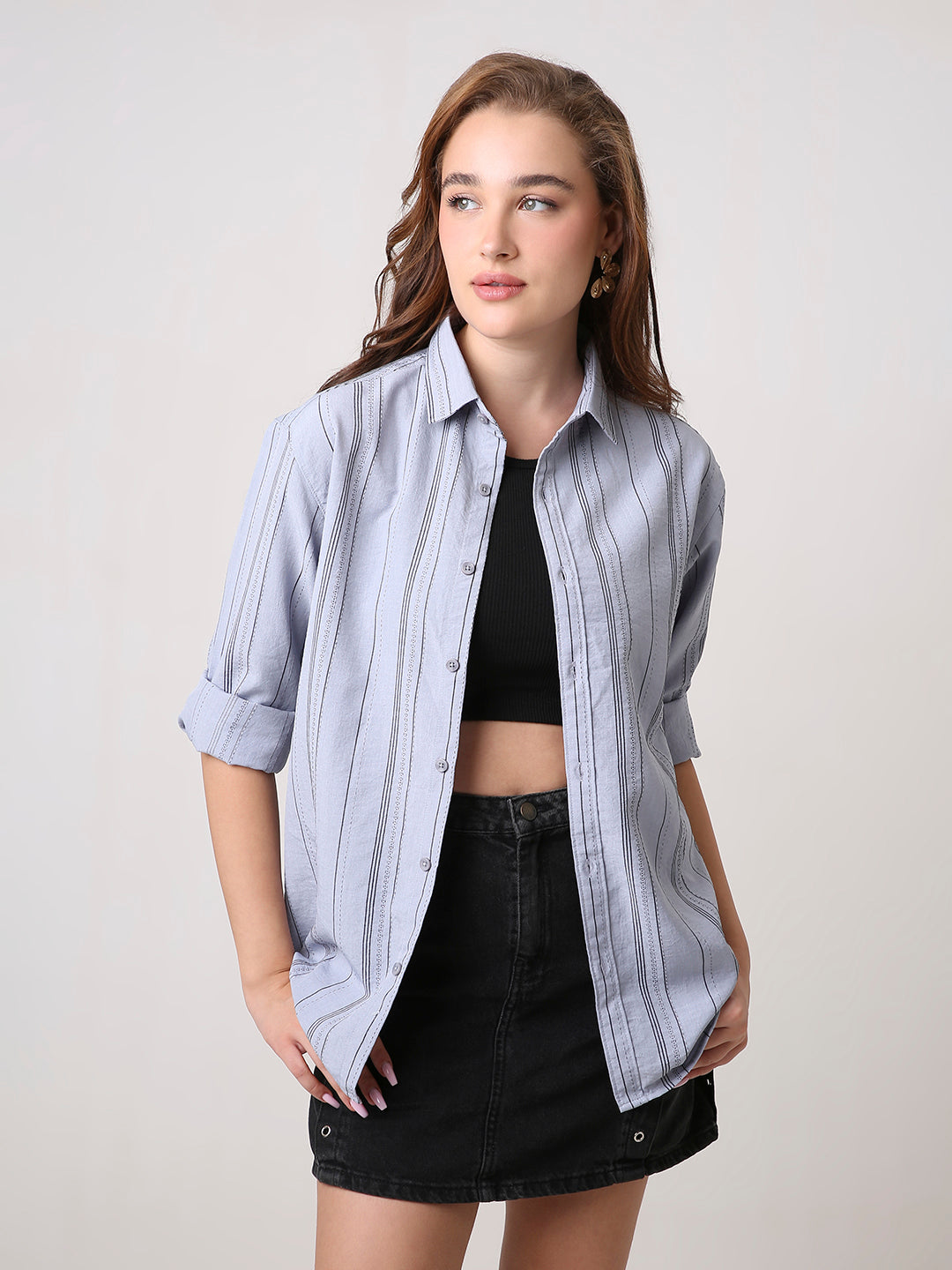 Grey Textured Stripe Oversized Shirt