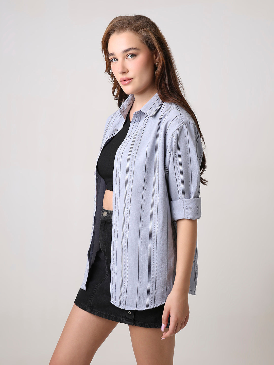 Grey Textured Stripe Oversized Shirt