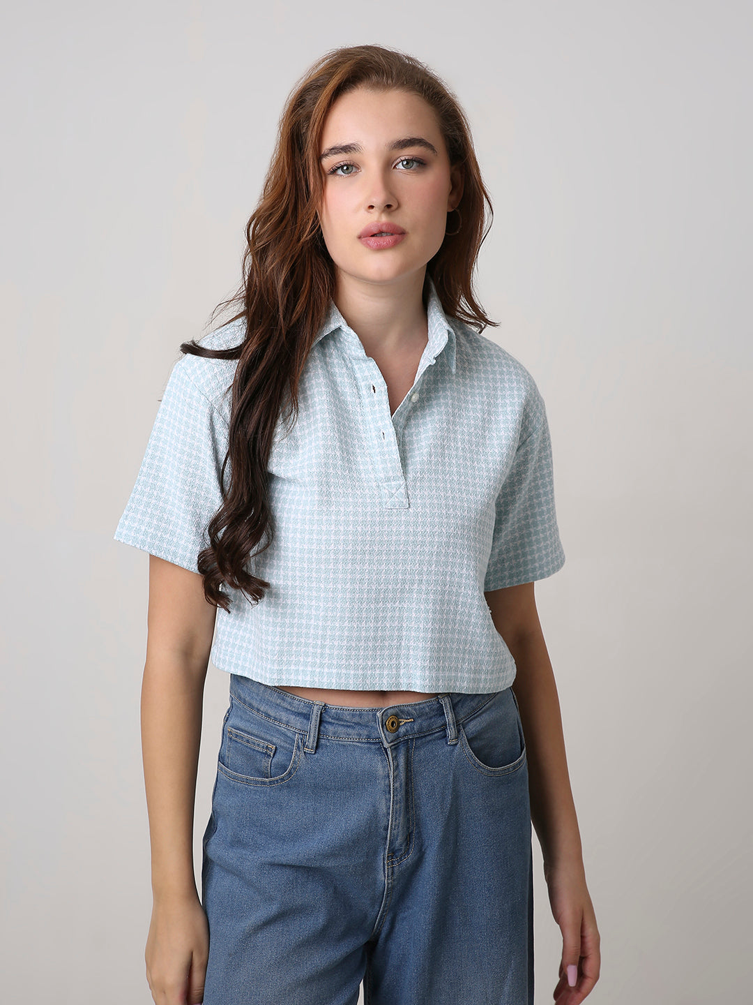 BLUE TEXTURED CROPPED POLO