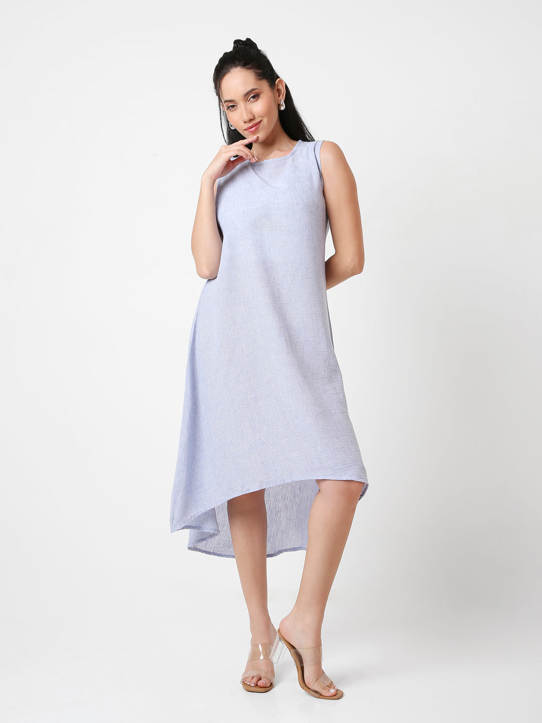 BLUE SLEEVELESS HIGH-LOW MIDI DRESS