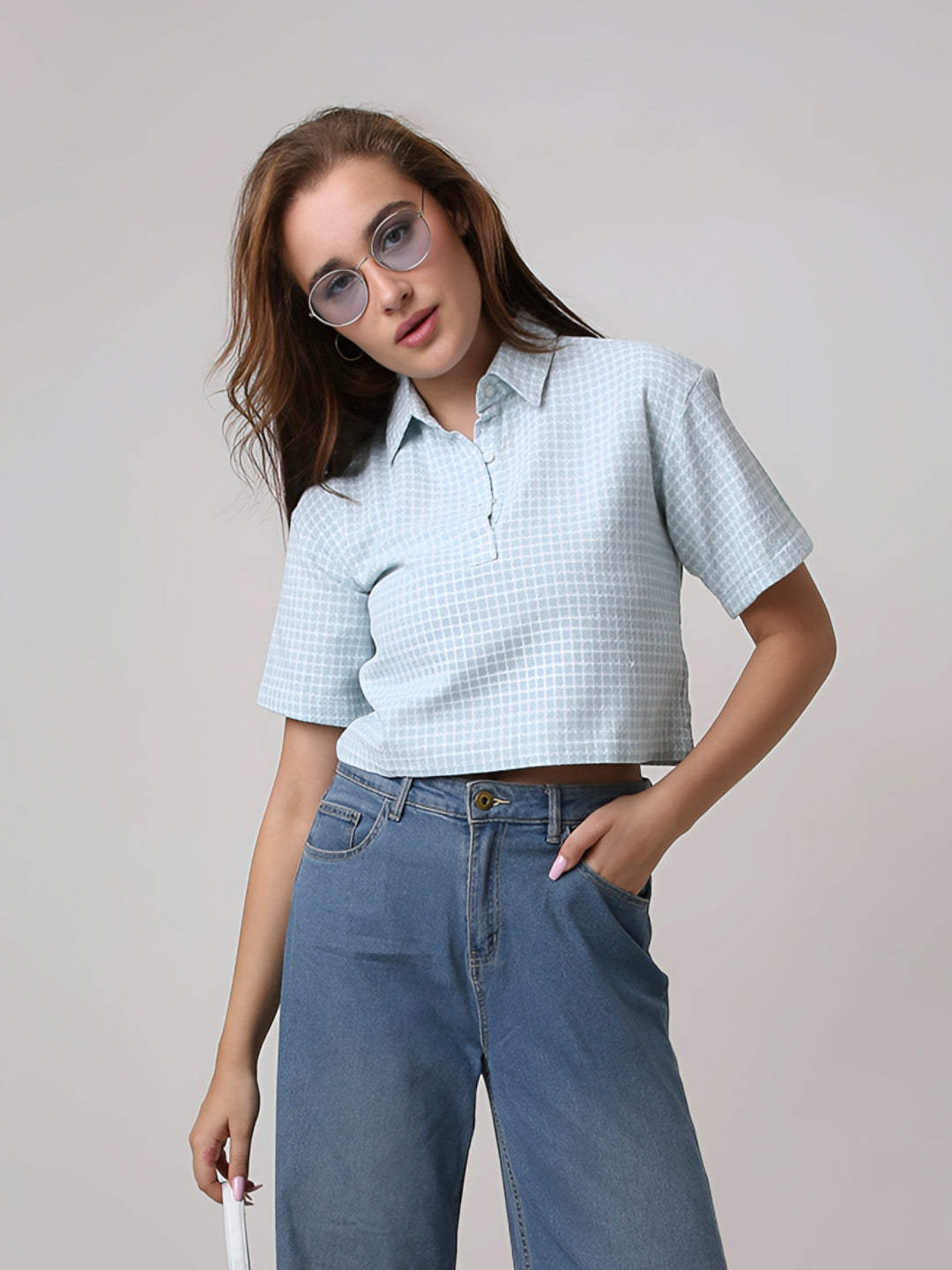 BLUE TEXTURED CROPPED POLO