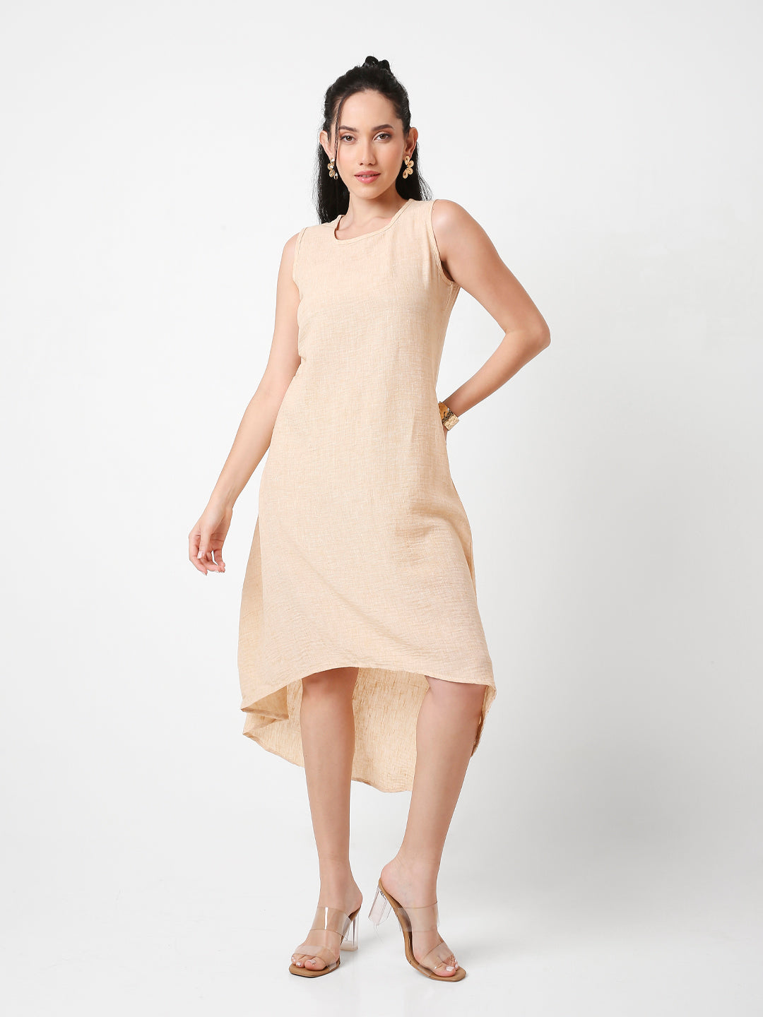 ORANGE SLEEVELESS HIGH-LOW MIDI DRESS