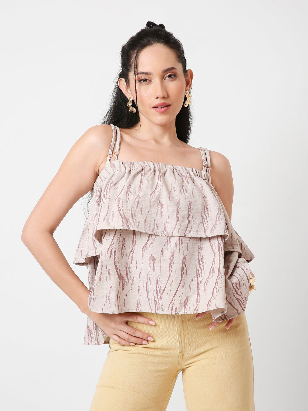 PRINTED PATTERN DOUBLE STRAP LAYERED TOP