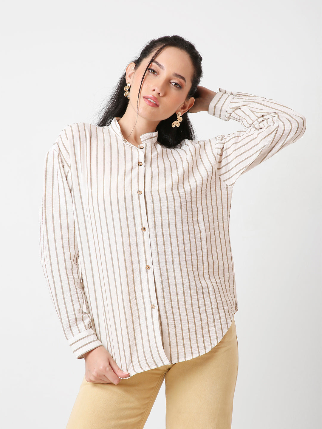 CLASSIC MANDARIN COLLAR STRIPE LINEN BLEND SHIRT