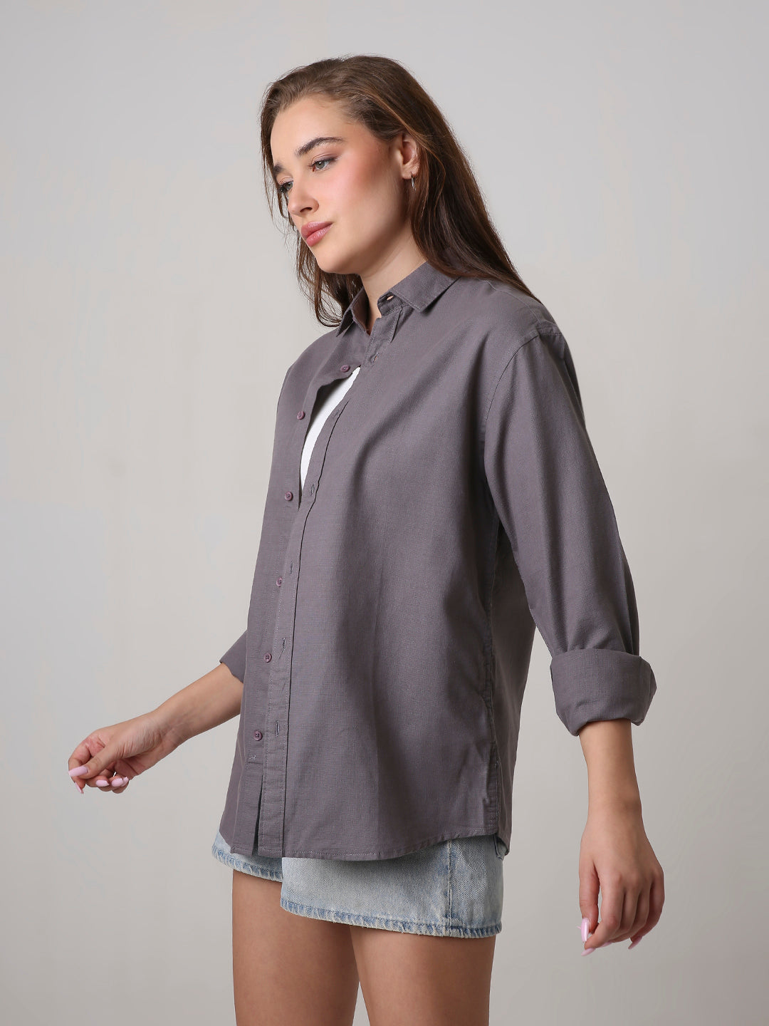 Grey Solid Oversized Casual Shirt