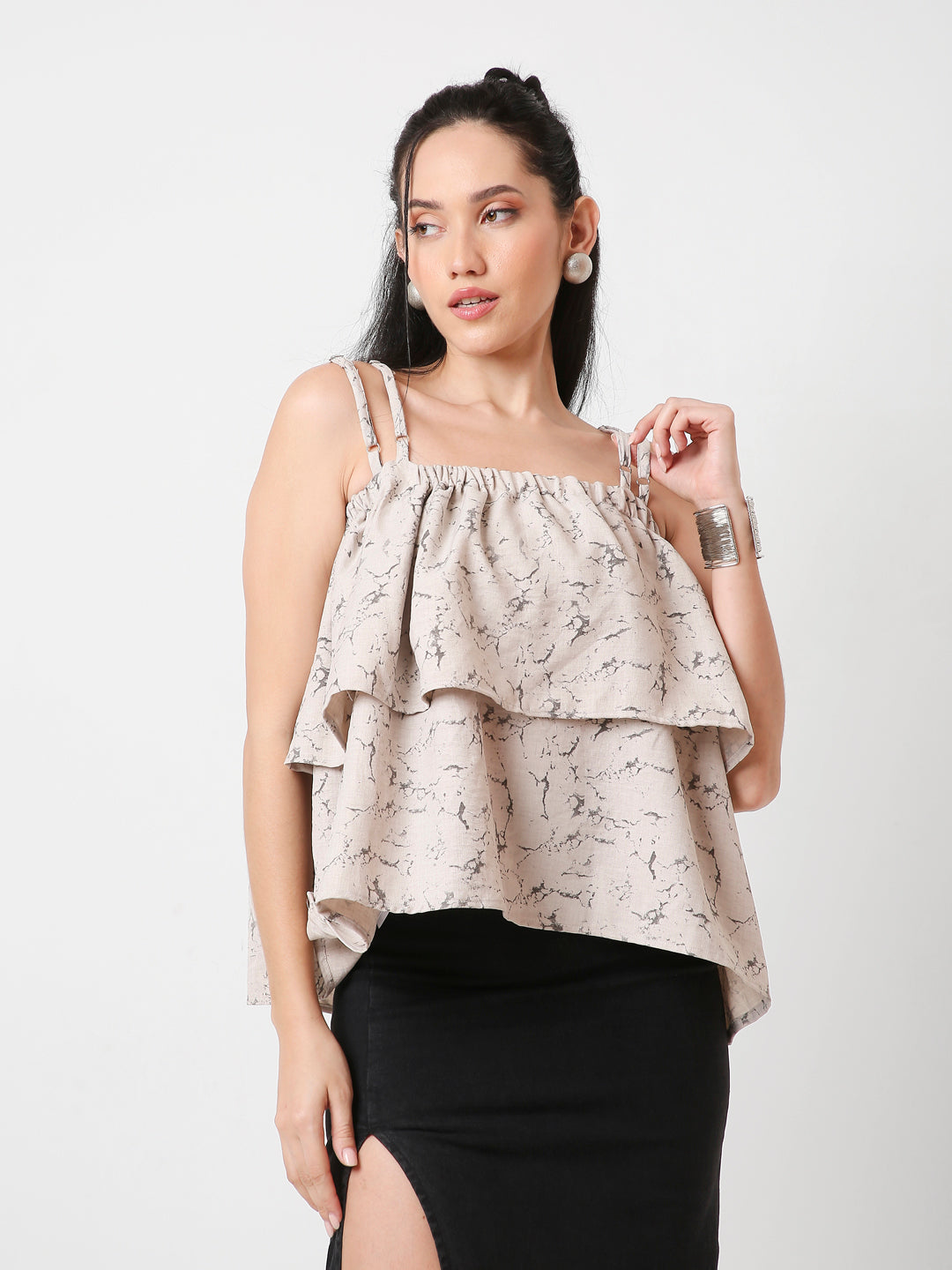 PRINTED PATTERN DOUBLE STRAP LAYERED TOP