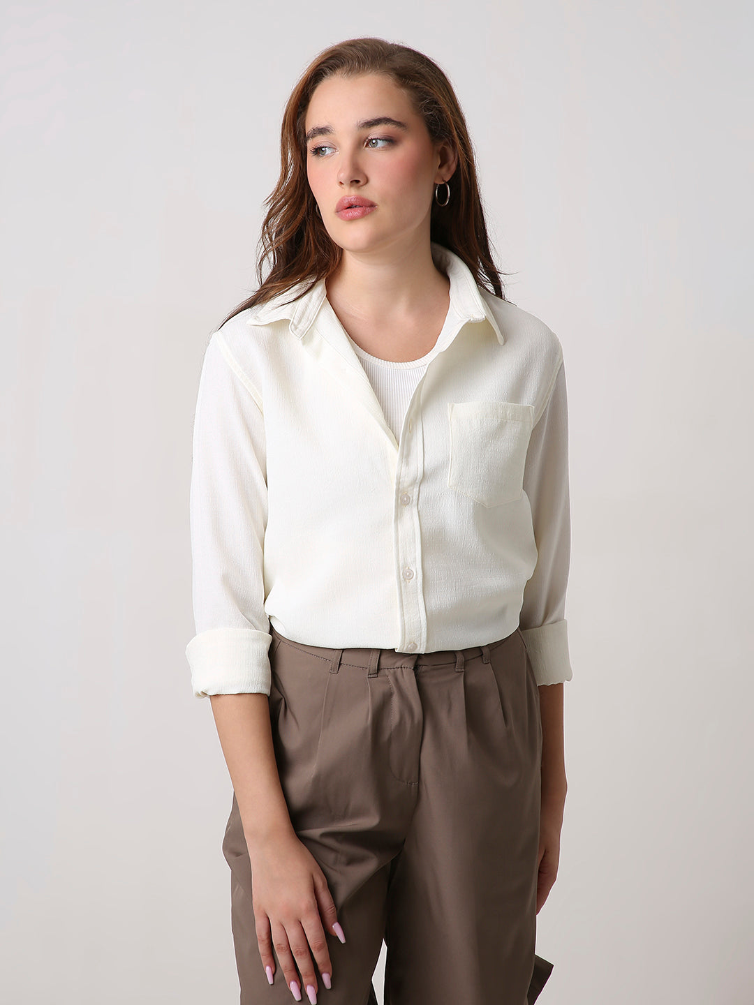 Cream Textured Casual Shirt