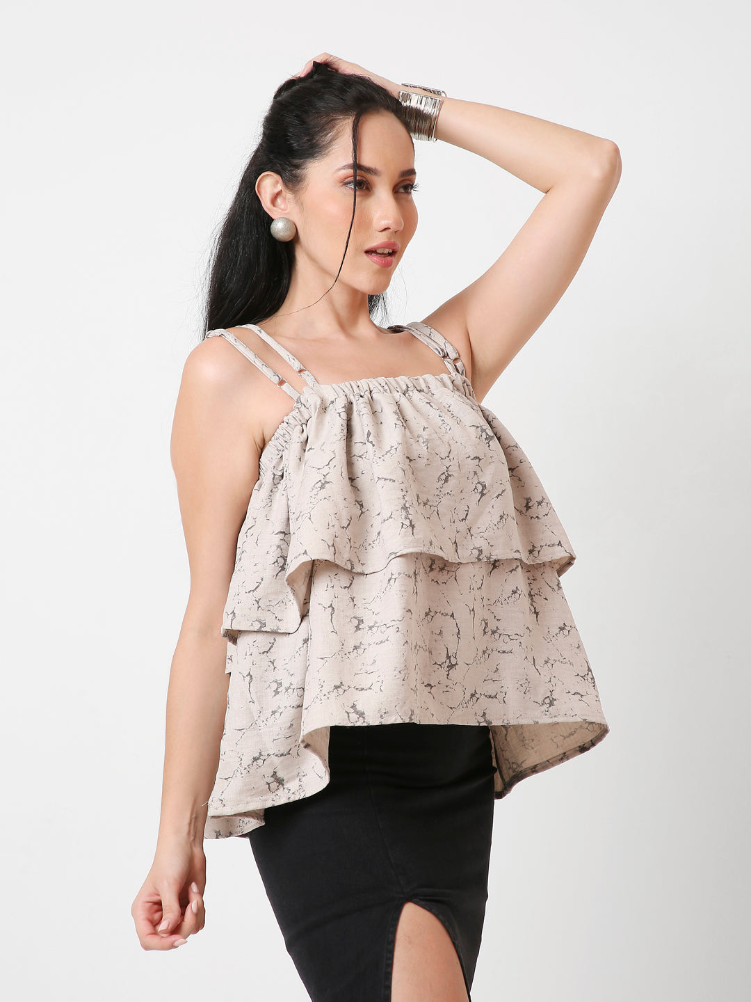 PRINTED PATTERN DOUBLE STRAP LAYERED TOP