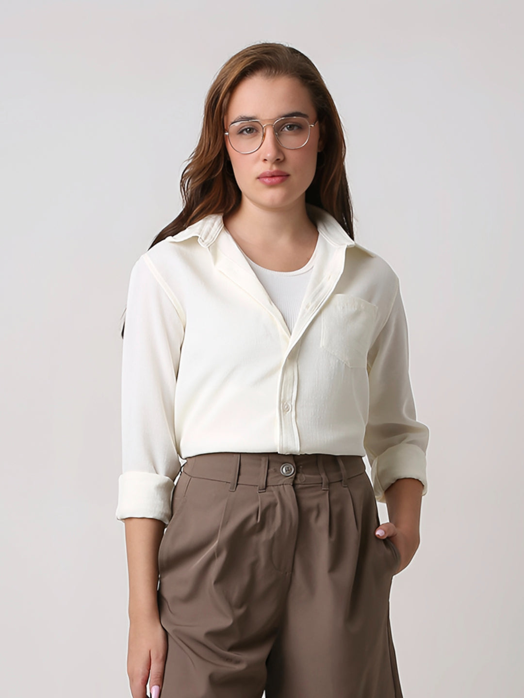 Cream Textured Casual Shirt